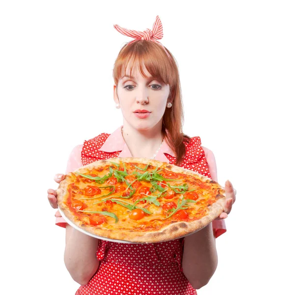 Oude Stijl Huisvrouw Met Een Heerlijke Zelfgemaakte Pizza Moe Verward — Stockfoto