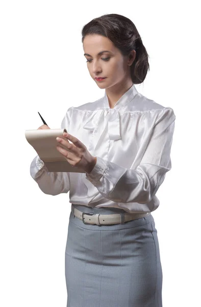 Attractive Vintage Secretary Taking Notes Notepad Pen — Stock Photo, Image