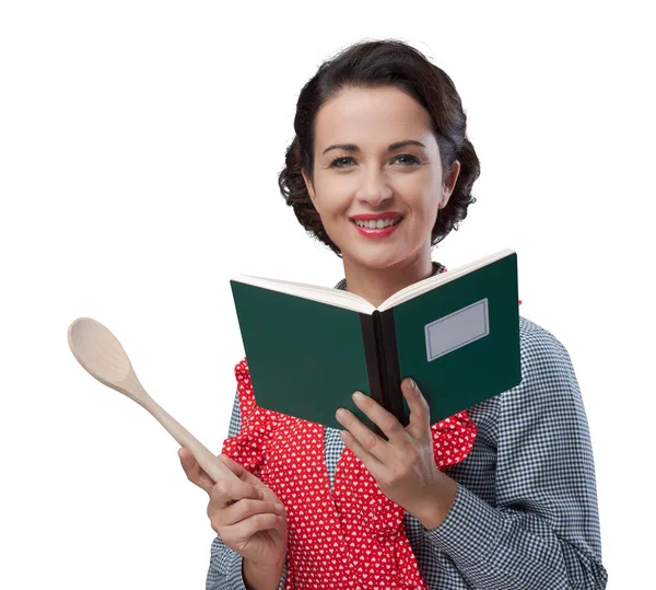 Smiling Vintage Woman Holding Open Cookbook Wooden Spoon — Stock Photo, Image