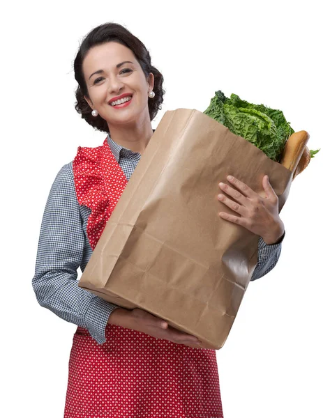 Smiling Vintage Woman Apron Holding Shopping Grocery Bag — Stock Photo, Image