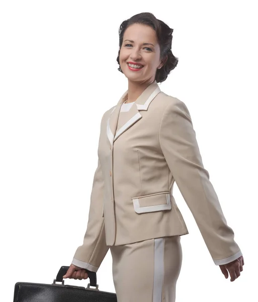 Cheerful Vintage Woman Smiling Walking Briefcase — Stock Photo, Image