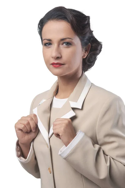 Confident Young Woman Posing Adjusting Jacket Collar — Stock Photo, Image