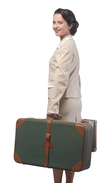 Smiling Vintage Woman Holding Suitcases Ready Leave Vacations — Stock Photo, Image