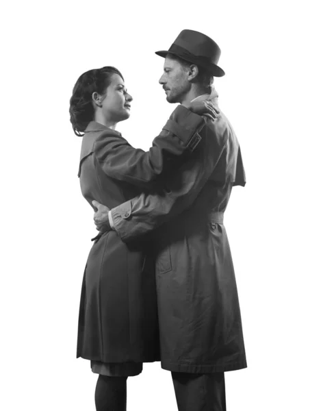 Film Noir Couple Amoureux Romantique Embrassant Dans Obscurité Style Années — Photo