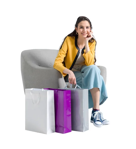 Jovem Feliz Sentada Uma Poltrona Após Compras Vendas Descontos Conceito — Fotografia de Stock