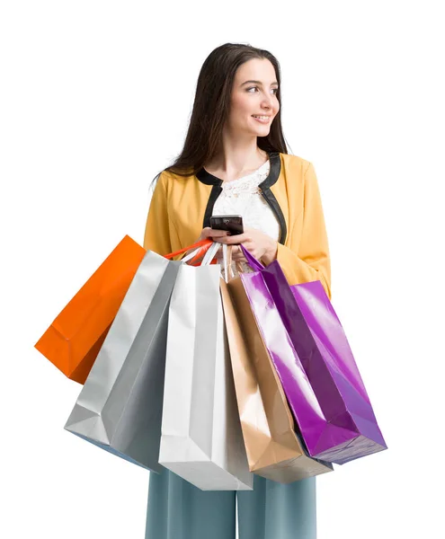 Счастливая Молодая Женщина Пользующаяся Приложениями Покупок Своем Смартфоне Делающая Покупки — стоковое фото