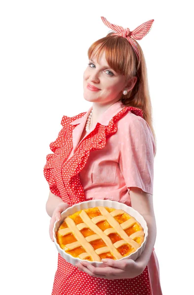 Confident Vintage Style Housewife Holding Delicious Homemade Pie Smiling — Stock Photo, Image
