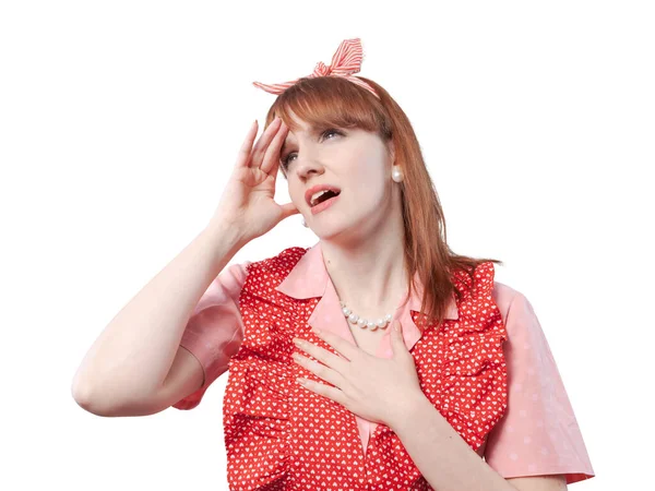 Stressed Sad Vintage Style Housewife Portrait She Touching Her Head — Stock Photo, Image