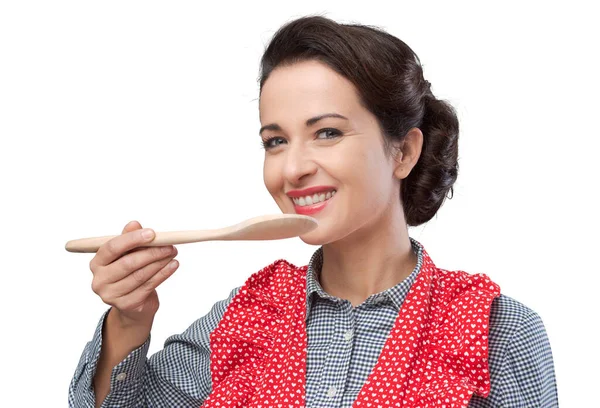 Smiling Female Cook Tasting Recipe Wooden Spoon — Stock Photo, Image