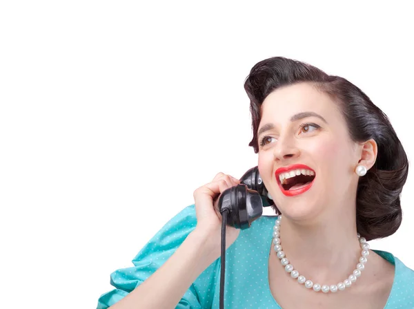 Mulher Elegante Estilo Vintage Alegre Ter Telefonema Emocionante Fofocando Com — Fotografia de Stock