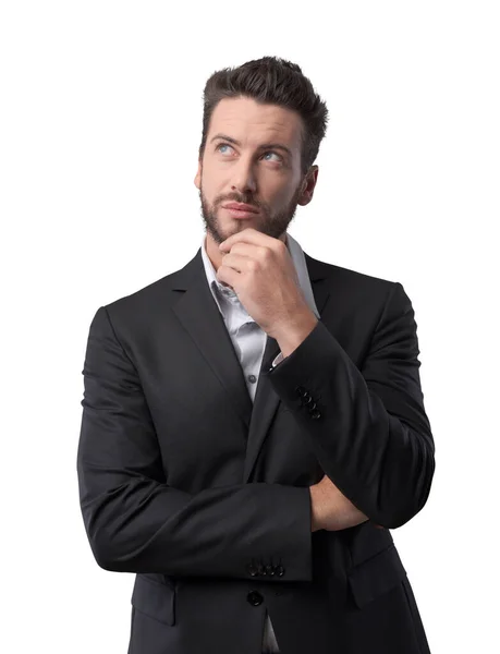 Pensive Young Businessman Thinking Planning Strategies Hand Chin — Stock Photo, Image