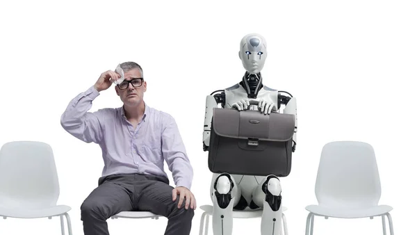 Stres Úzkostlivý Muž Robot Sedí Čekárně Čekají Pracovní Pohovor Kopírovat — Stock fotografie