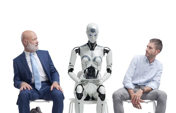 Zklamaní Uchazeči Práci Kteří Sedí Čekárně Zírají Kandidáta Robota Čekají — Stock fotografie