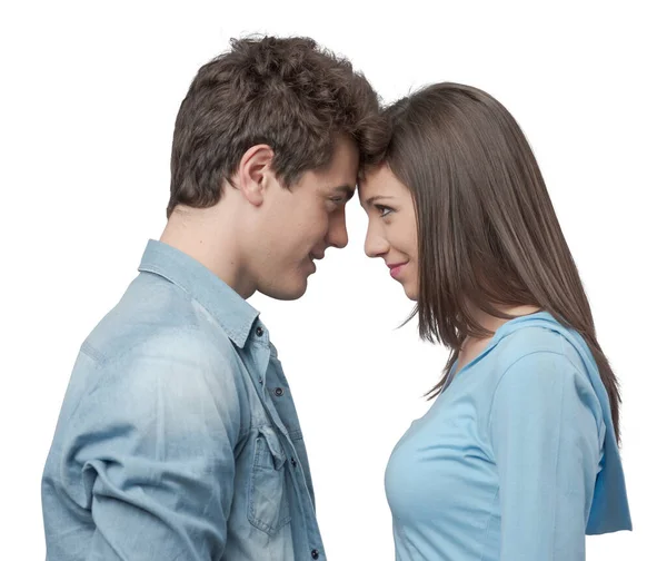 Romantic Happy Couple Touching Foreheads Staring Each Other Eyes — Stock Photo, Image