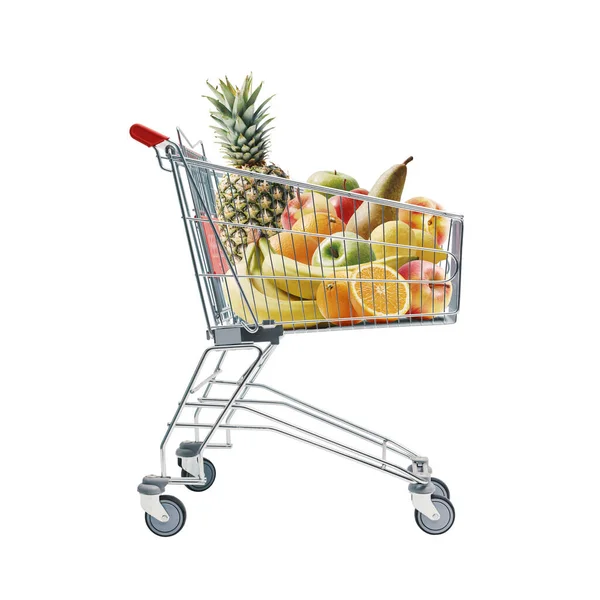 新鮮な果物でいっぱいのショッピングカート 食料品の買い物 健康食品の概念 — ストック写真