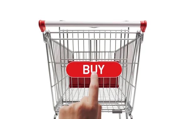 Cliente Premendo Pulsante Acquisto Sul Carrello Del Supermercato Concetto Shopping — Foto Stock