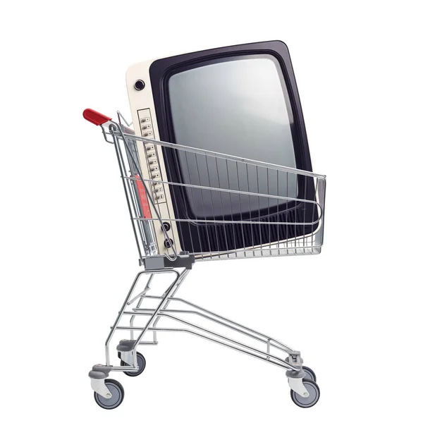 购物车中的老式电视机 电子和销售概念 — 图库照片