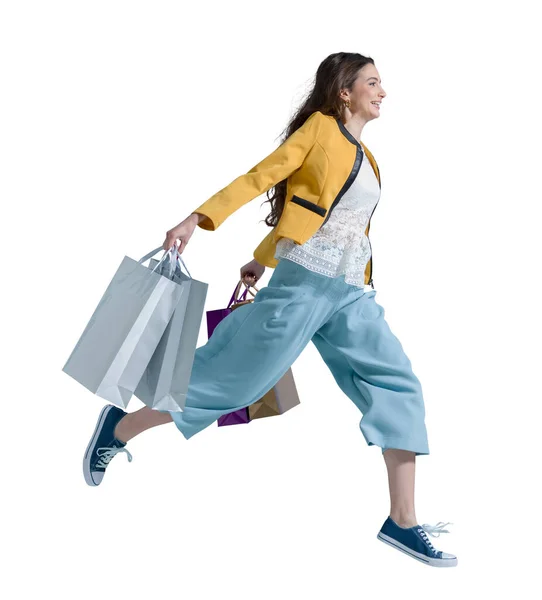 Χαρούμενη Χαρούμενη Γυναίκα Που Απολαμβάνει Ψώνια Κουβαλάει Σακούλες Αγορών Και — Φωτογραφία Αρχείου