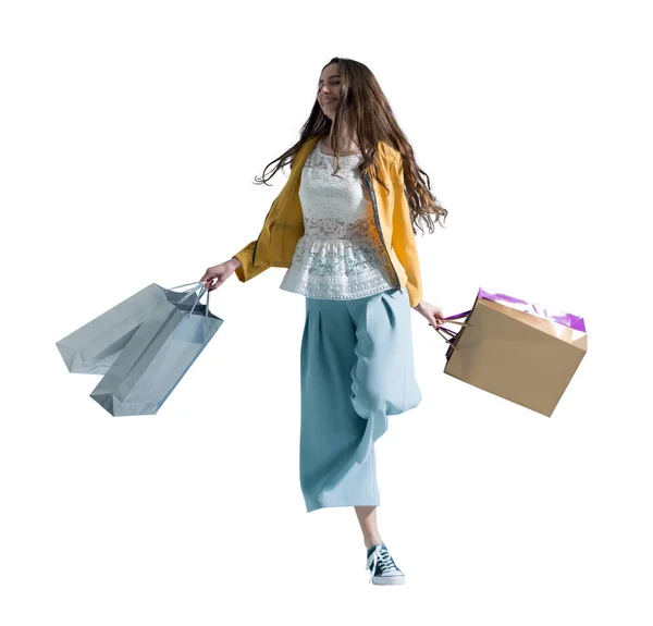 Neşeli Genç Kadın Alışveriş Zevk Yürüyüş Onu Alışveriş Çantaları Satış — Stok fotoğraf