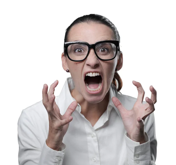 Aggressive Angry Woman Shouting Camera She Feeling Furious Frustrated — Stock Photo, Image