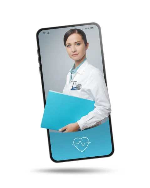 オンライン医師のビデオは スマートフォンの画面上で呼び出します プロの医療サービスオンラインとテレヘルス — ストック写真