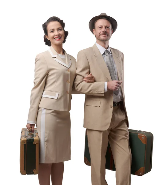 Elegant Loving Couple Leaving Honeymoon Luggage 1950S Style — Stock Photo, Image