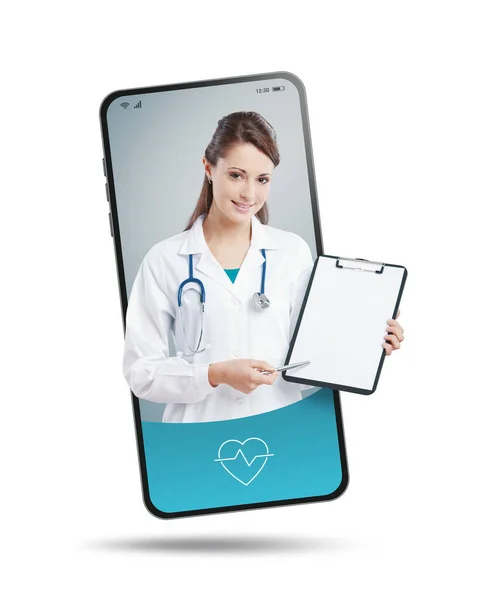 Leende Kvinnlig Läkare Smartphone Skärm Ger Ett Recept Online Läkare — Stockfoto