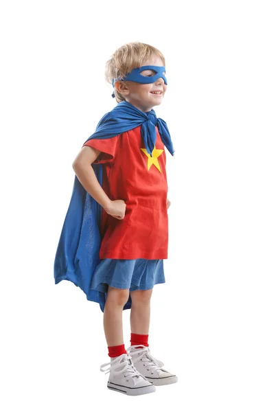 Kleiner Junge Superheldenkostüm Posiert Isoliert Auf Weißem Hintergrund — Stockfoto
