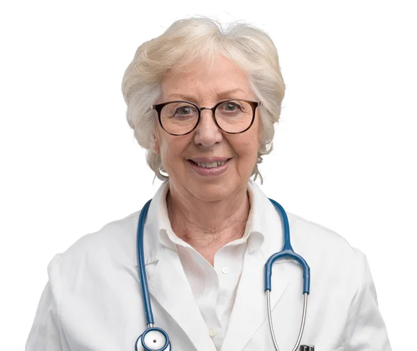 stock image Senior confident female doctor posing on gray background and smiling at camera