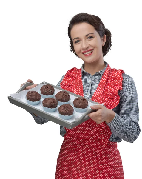 Smiling Vintage Woman Apron Serving Homemade Chocolate Muffins Tray — Stock Photo, Image