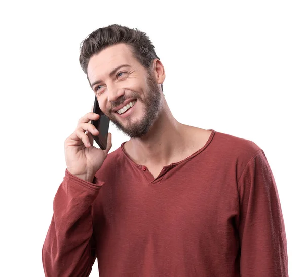 Sonriente Hombre Alegre Tener Una Llamada Telefónica Con Teléfono Inteligente —  Fotos de Stock
