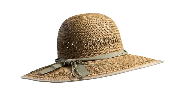 レディース夏黄色い麦わら帽子リボン 白い背景で隔離 — ストック写真