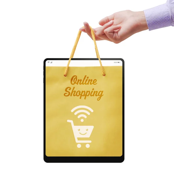 以数码平板电脑 网上购物及售卖概念持有购物袋的妇女 — 图库照片