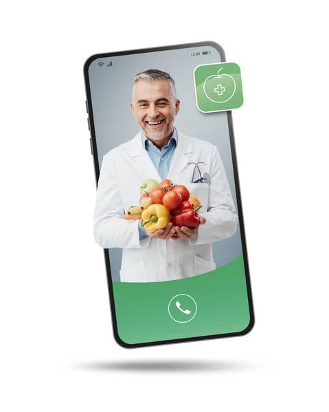 Profesyonel Diyetisyen Video Çağrısı Akıllı Telefon Ekranı Tıbbi Servis Beslenme — Stok fotoğraf