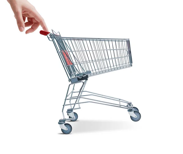 Woman Pushing Empty Small Shopping Cart Grocery Shopping Supermarket Concept — Stock Photo, Image