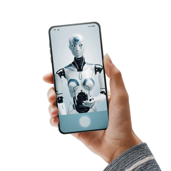Virtuell Assistent Humanoid Robot Smartphone Skärm Prata Och Hjälpa Till — Stockfoto