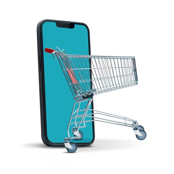 Carrello Che Esce Dallo Schermo Uno Smartphone App Shopping Online — Foto Stock
