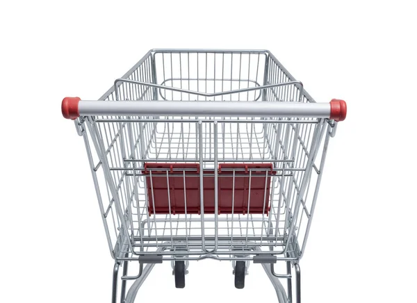 stock image Empty supermarket shopping cart: grocery shopping and retail concept