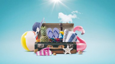 Eski bavul ve renkli plaj aksesuarları, yaz tatili konsepti, kopya alanı
