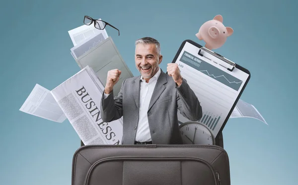 Cheerful Businessman Celebrating Arms Raised Office Items Briefcase Successful Business — ストック写真