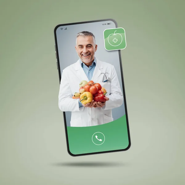 Profesionální Dietolog Videokalling Obrazovce Smartphonu Lékařské Služby Line Výživy — Stock fotografie