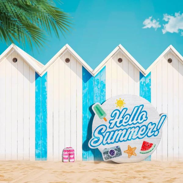 Hello Summer Sign Beach Huts Καλοκαιρινές Διακοπές Στην Παραλία — Φωτογραφία Αρχείου