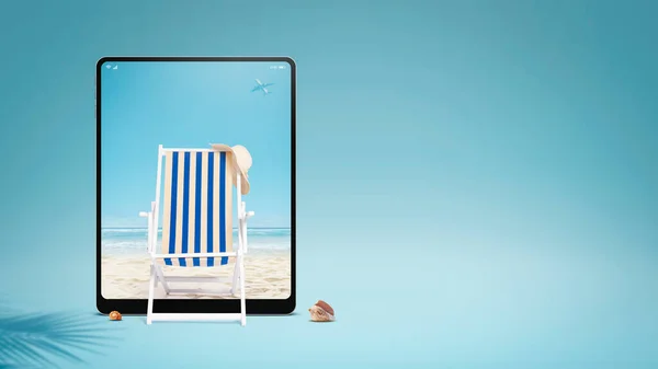 Sedia Sdraio Tablet Digitale Spiaggia Sullo Schermo Vacanze Estive Concetto — Foto Stock