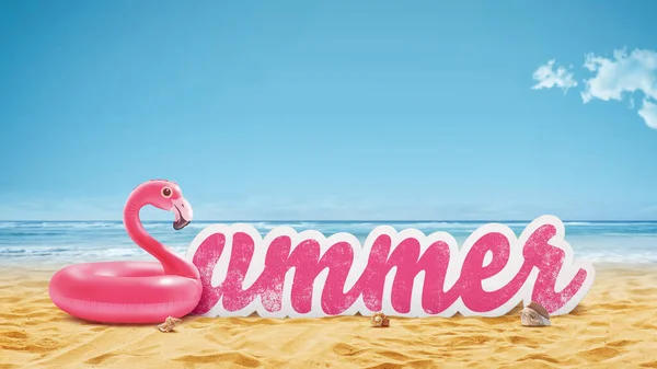 夏のサインとビーチでインフレータブルフラミンゴのおもちゃ 背景の海 コピースペース — ストック写真