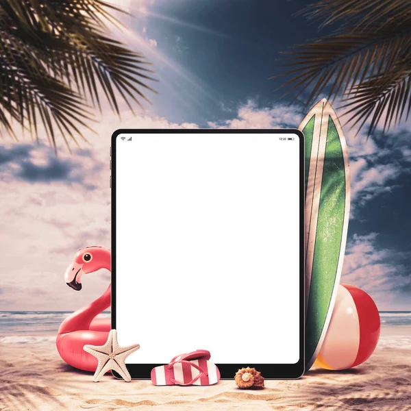 Μεγάλο Ψηφιακό Tablet Και Αξεσουάρ Παραλίας Στην Άμμο Καλοκαιρινές Διακοπές — Φωτογραφία Αρχείου