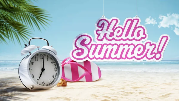 こんにちは夏のハンギングサイン 目覚まし時計 ビーチのフリップフロップ — ストック写真