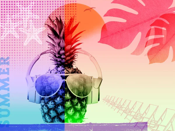 带着可笑的菠萝头戴耳机的复古暑假海报 — 图库照片