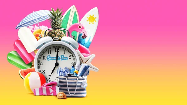 Alarm Clock Surrounded Many Colorful Beach Accessories Summertime Vacations Concept — Stock Photo, Image