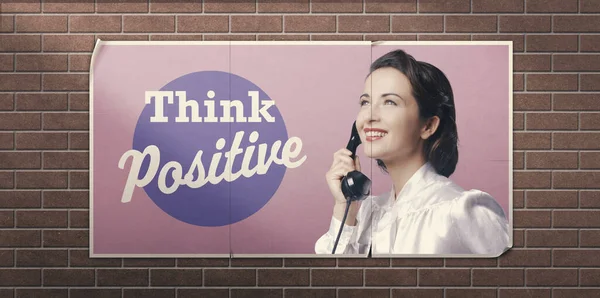 Think Positive Vintage Inspirational Advertisement Happy Woman — Stock Photo, Image