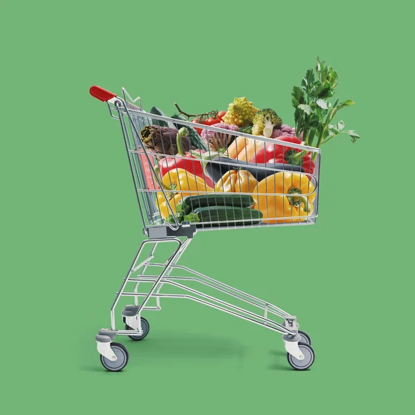 Carrito Compras Lleno Verduras Frescas Compras Comestibles Venta Concepto Comida —  Fotos de Stock